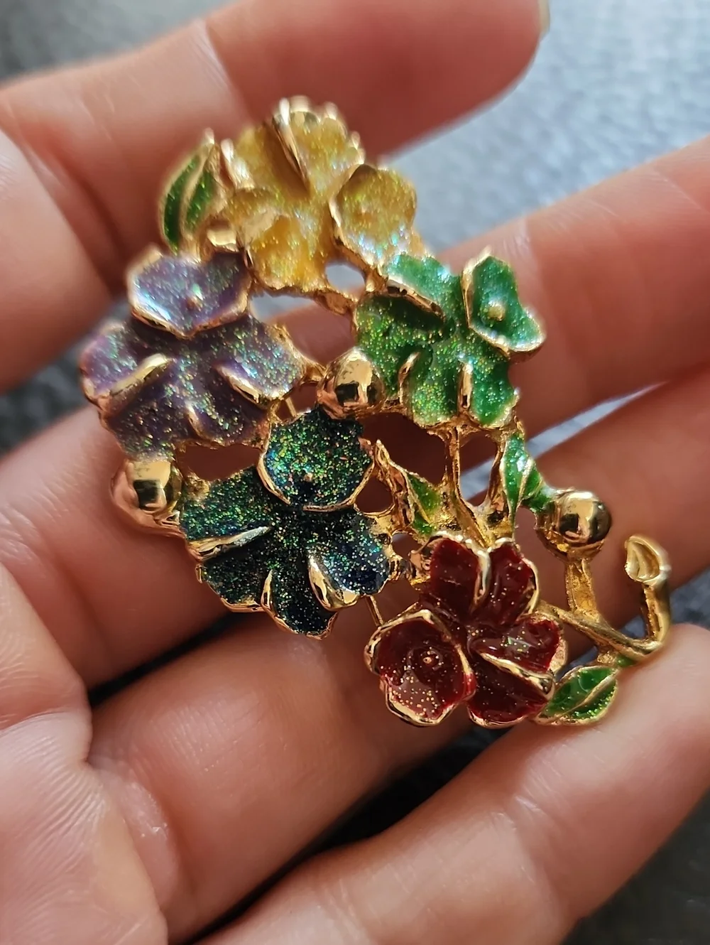 VTG Gold Floral Enamel Brooch with Multicolor Flowers